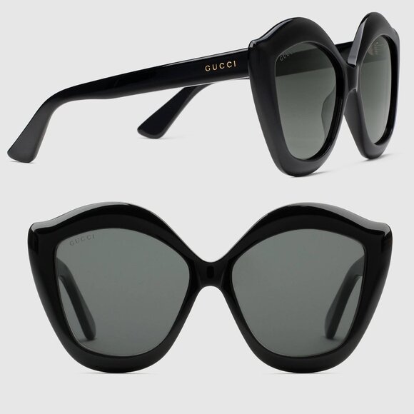 GUCCI SUNGLASSES GG0117S 001 OVERSIZED CAT EYE BLACK ACETATE LIPS - Picture 1 of 13